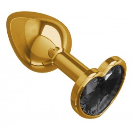 Золотистая анальная втулка с чёрным кристаллом-сердцем - 7 см.